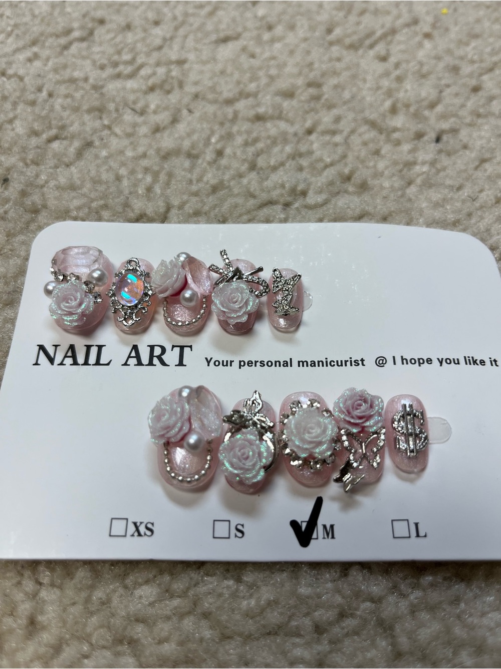 Pink 3D Rose Crystal Press-On Nail Set - Nail Art